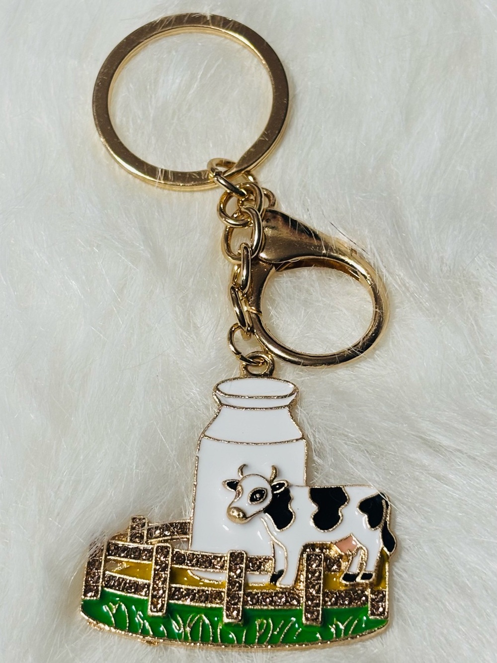 Cow & Milk Bottle Metal Enamel Keychain Farmhouse Key Ring